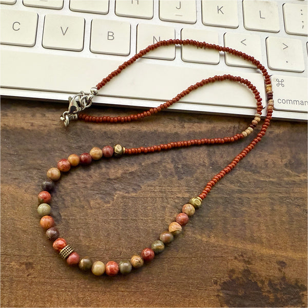 Red Creek Jasper Gemstones Crystals & Glass Beads Boho Hippie Beach Design - Handmade Jewelry Necklace