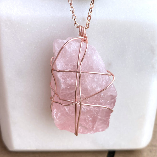 Rose Quartz Raw Crystal Gemstone Wirewrapped 01 - 16 Kt Rose Gold plated chain necklace Handmade Jewelry - Great gift