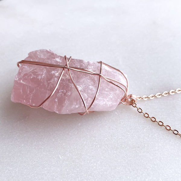 Rose Quartz Raw Crystal Gemstone Wirewrapped 01 - 16 Kt Rose Gold plated chain necklace Handmade Jewelry - Great gift