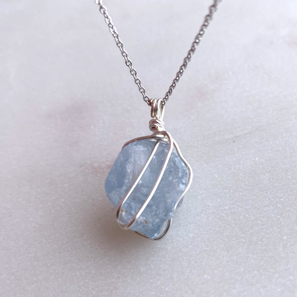 Celestite Raw Crystal Gemstone Wirewrapped 04 - Necklace Handmade Jewelry - Great gift