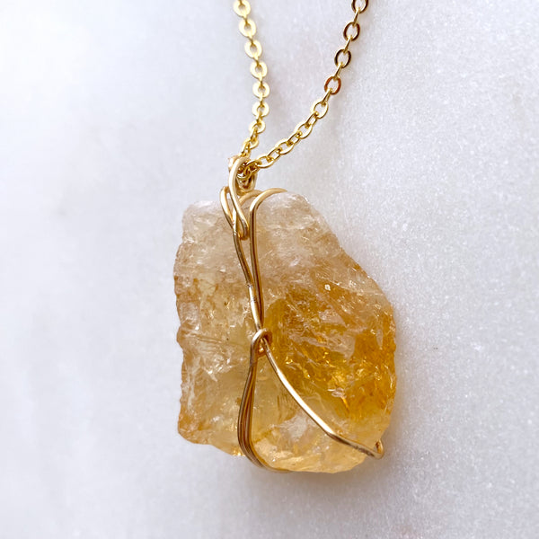 Citrine Raw Crystal Gemstone Wirewrapped 02 - 16 Kt Gold plated chain necklace Handmade Jewelry - Great gift