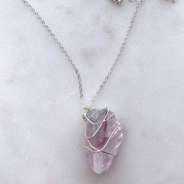 Fluorite Raw Crystal Gemstone Wirewrapped 01 - Necklace Handmade Jewelry - Great gift