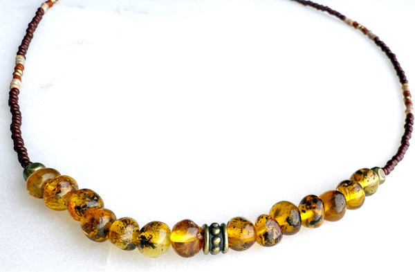 Genuine Natural Amber Gemstones Crystals & Glass Beads Boho Hippie Beach Design - Handmade Jewelry Necklace