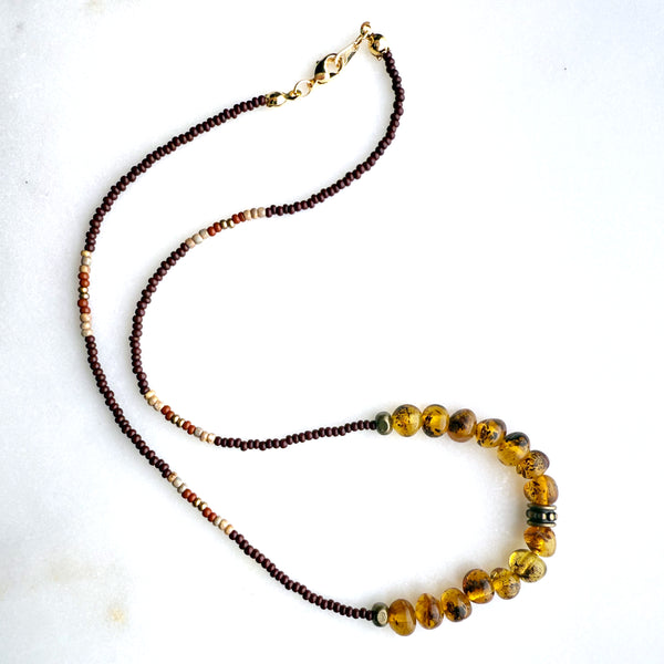 Genuine Natural Amber Gemstones Crystals & Glass Beads Boho Hippie Beach Design - Handmade Jewelry Necklace