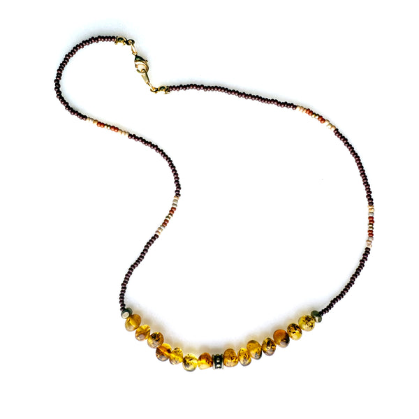 Genuine Natural Amber Gemstones Crystals & Glass Beads Boho Hippie Beach Design - Handmade Jewelry Necklace
