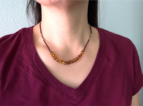Genuine Natural Amber Gemstones Crystals & Glass Beads Boho Hippie Beach Design - Handmade Jewelry Necklace