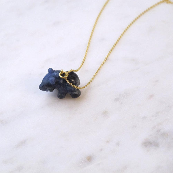 Dark Blue Bear Gemstone animal carvings necklace Gold plated chain necklace Handmade Jewelry