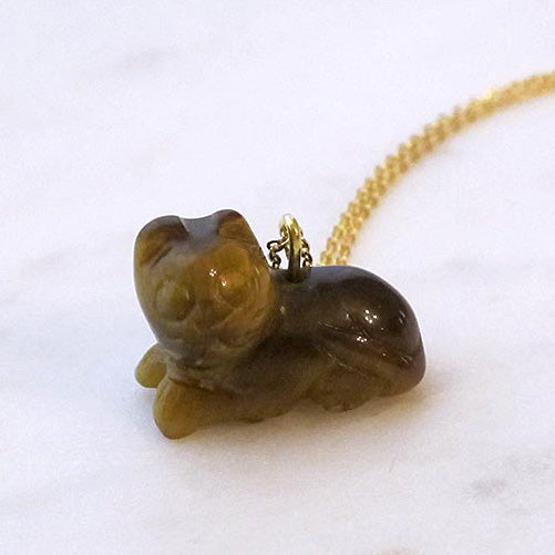 Brown Cat Tiger's Eye Gemstone animal carvings necklace Gold plated chain necklace Handmade Jewelry