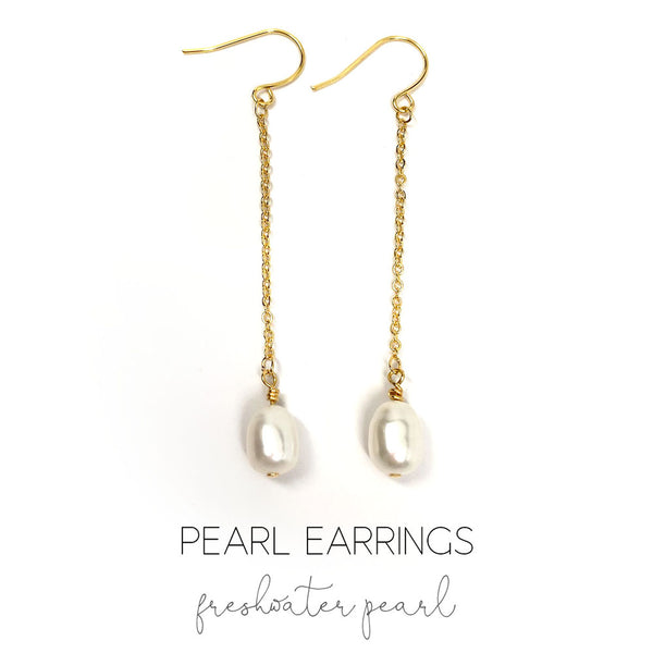 Natural Freshwater Pearl Drop Earrings Earrings Wedding Bride Bridesmaid Gold Silver or Rose Gold Chain Boho Handmade Jewelry