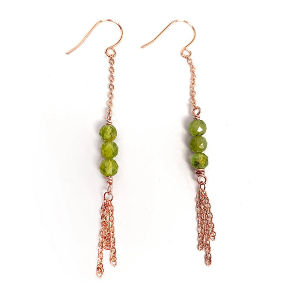 Peridot Genuine Natural Gemstone with Chain Fringe Earrings in colors of Gold Silver or Rose Gold Chain Boho Handmade Jewelry Birthstone