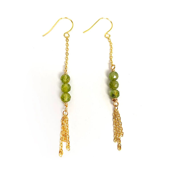 Peridot Genuine Natural Gemstone with Chain Fringe Earrings in colors of Gold Silver or Rose Gold Chain Boho Handmade Jewelry Birthstone