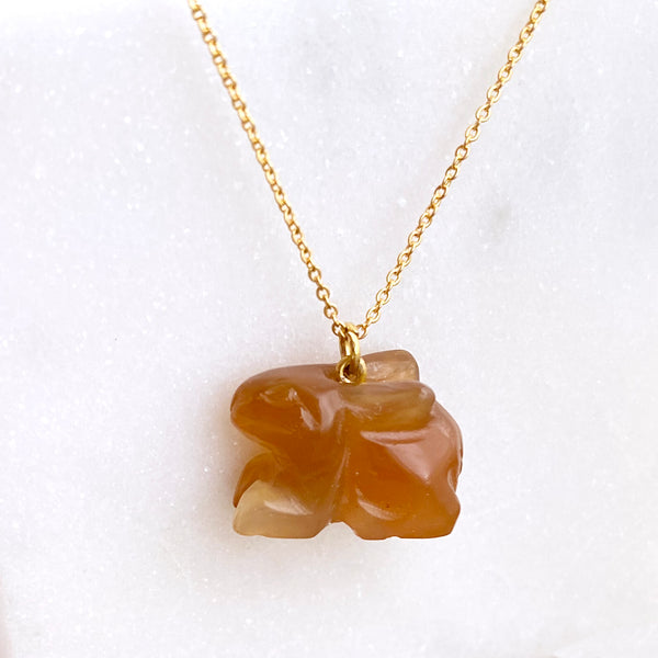 Brown Rabbit Gemstone animal carvings necklace Gold plated chain necklace Handmade Jewelry