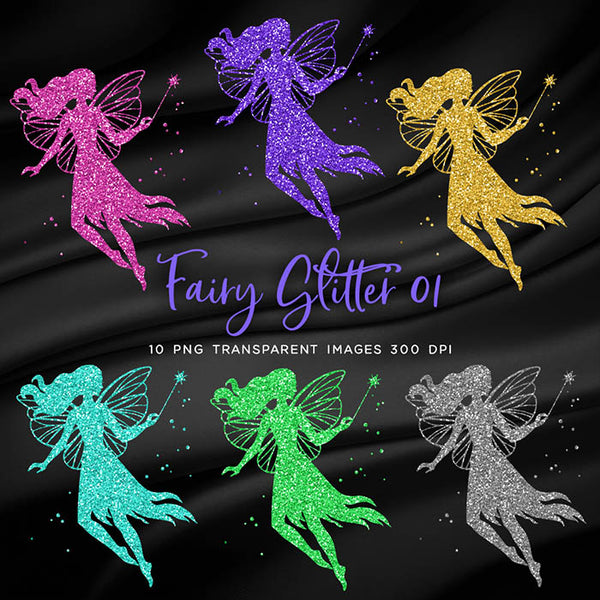 Glittery Fairy with Magic Wand Sparkly Glitter 01 - 10 Colors PNG Transparent Images High Resolution - Instant Download Digital Clipart