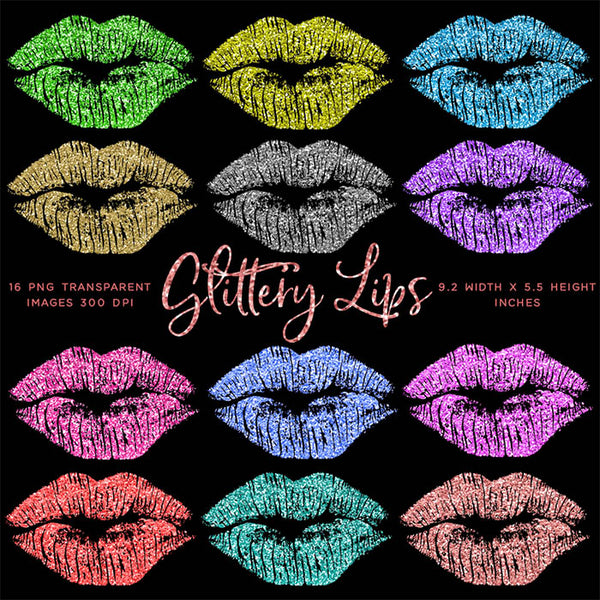 Glittery Sparkly Glitter Lips - 16 Different Colors PNG Transparent Images - Instant Download Digital Clip art