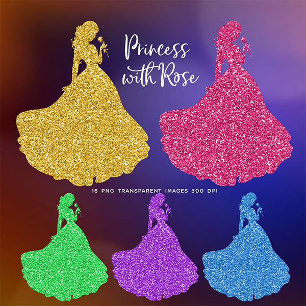 Princess With A Rose Glitter Texture - 16 Different Colors PNG Transparent Images - Instant Download Digital Clip art