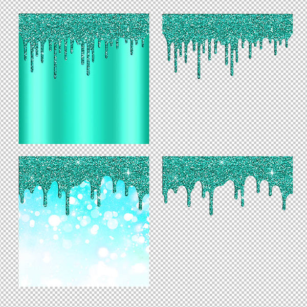 Teal And Glitter Drips - Backgrounds and Transparent Overlays - Instant Download Digital Clip art for Invitations Cards Party design Backdrop Scrapbooking Kids Crafts