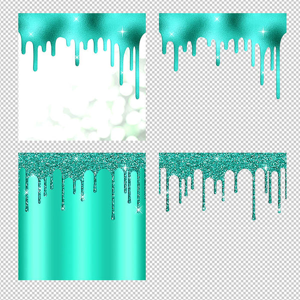 Teal And Glitter Drips - Backgrounds and Transparent Overlays - Instant Download Digital Clip art for Invitations Cards Party design Backdrop Scrapbooking Kids Crafts