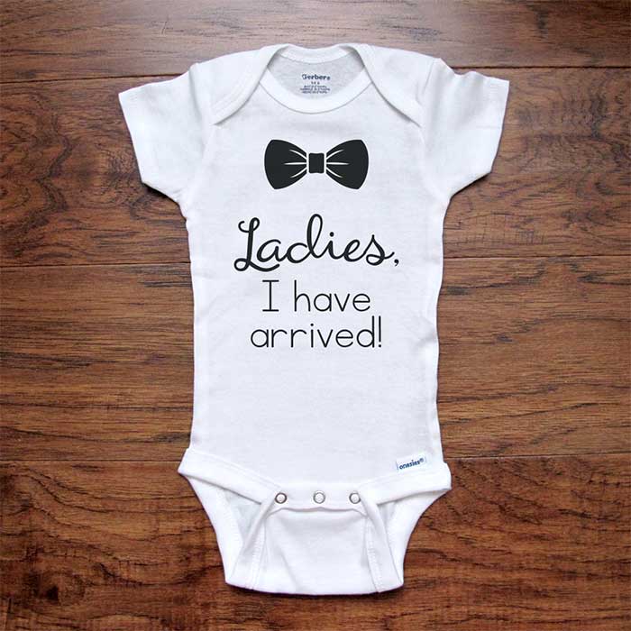 Ladies I have arrived cute bow tie boy onesie - funny baby onesie bodysuit  surprise birth pregnancy reveal announcement husband grandparents aunt  uncle baby shower gift – Hello Handmade Goods