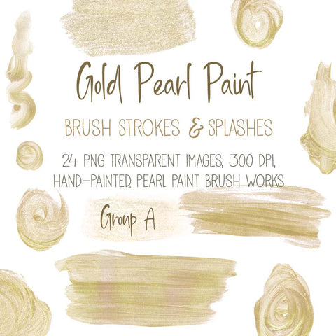 Brush Strokes Pearl Paint - Gold Pearl Paint 24 Brush Strokes & Splashes Group A - Hand painted Overlay - Instant Download Digital Clipart