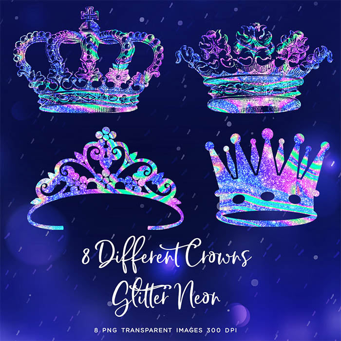 Crowns 8 Different Crowns in Neon Glitter Texture - 8 PNG Transparent Images High Resolution - Instant Download Digital Clip art