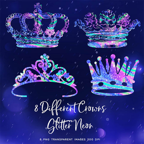 8 Different Crowns in Neon Glitter Texture - 8 PNG Transparent Images High Resolution - Instant Download Digital Clip art