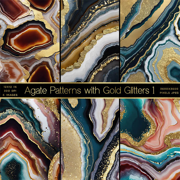 Agate Patterns with Gold Glitters - 6 High Resolution Images - Instant Download Digital Clip art