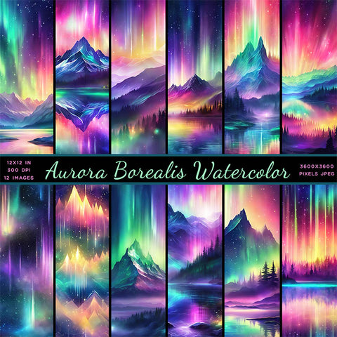 Aurora Borealis Watercolor - 12 High Resolution Images - Instant Download Digital Clip art