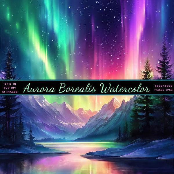 Aurora Borealis Watercolor - 12 High Resolution Images - Instant Download Digital Clip art