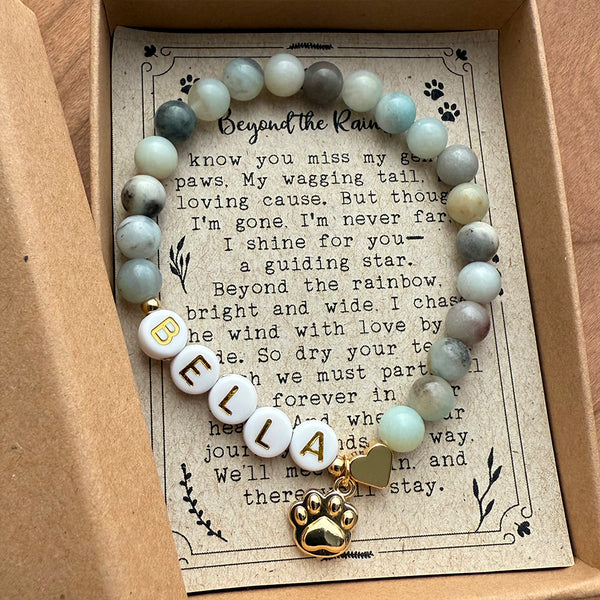 Dog or Cat Pet Memorial Stretch Bracelet Custom Name of Pet Gift w Genuine Natural Gemstones, Gold-Plated paw charm & heart bead, Beloved fur baby Sympathy Gift
