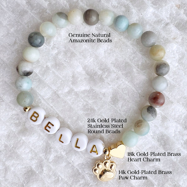 Dog or Cat Pet Memorial Stretch Bracelet Custom Name of Pet Gift w Genuine Natural Gemstones, Gold-Plated paw charm & heart bead, Beloved fur baby Sympathy Gift