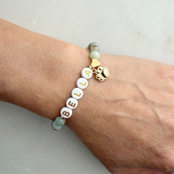 Dog or Cat Pet Memorial Stretch Bracelet Custom Name of Pet Gift w Genuine Natural Gemstones, Gold-Plated paw charm & heart bead, Beloved fur baby Sympathy Gift