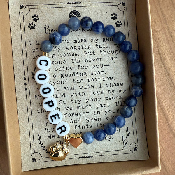 Dog or Cat Pet Memorial Stretch Bracelet Custom Name of Pet Gift w Genuine Natural Gemstones, Gold-Plated paw charm & heart bead, Beloved fur baby Sympathy Gift