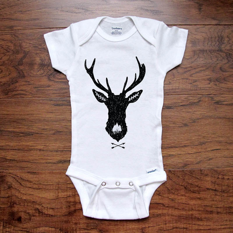 Deer Silhouette - boho camping mountains kids baby onesie shirt Infant, Toddler & Youth Soft Shirt Hello Handmade