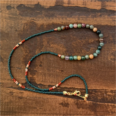 Fancy Agate Gemstones Crystals & Glass Beads Boho Hippie Beach Design - Handmade Jewelry Necklace