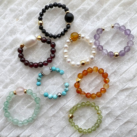 Gemstone Beaded Rings - Aquamarine Amethyst Carnelian Turquoise Topaz Gold - Handmade Jewelry - Stretch Ring