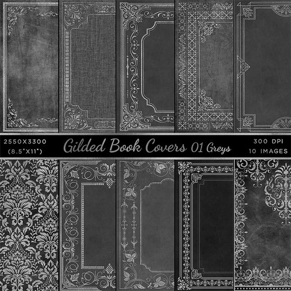 Gilded Book Covers Greys with Spine Vol 1 - 20 High Resolution Images - Instant Download Digital Clip art