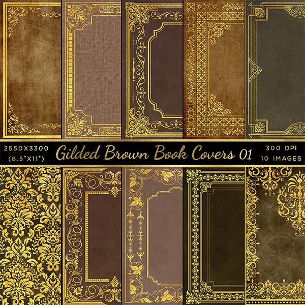 Gilded Brown Book Covers with Gold designs with Spine Vol 1 - 20 High Resolution Images - Instant Download Digital Clip art