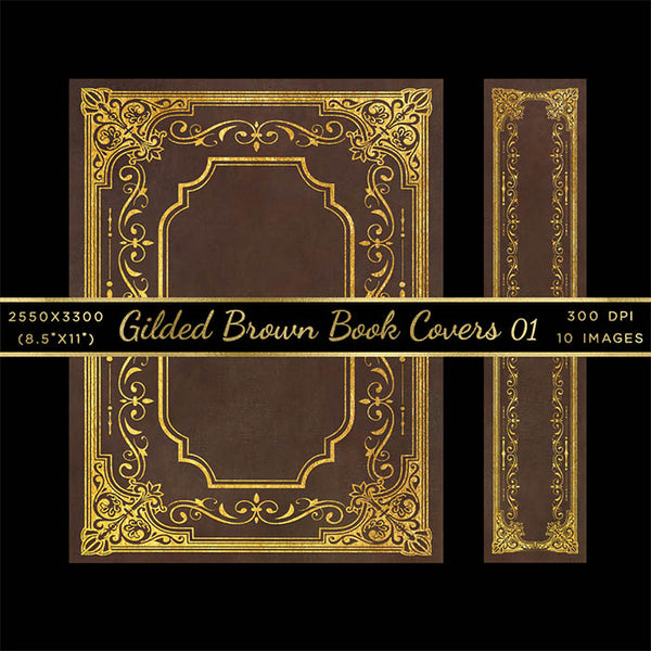 Gilded Brown Book Covers with Gold designs with Spine Vol 1 - 20 High Resolution Images - Instant Download Digital Clip art