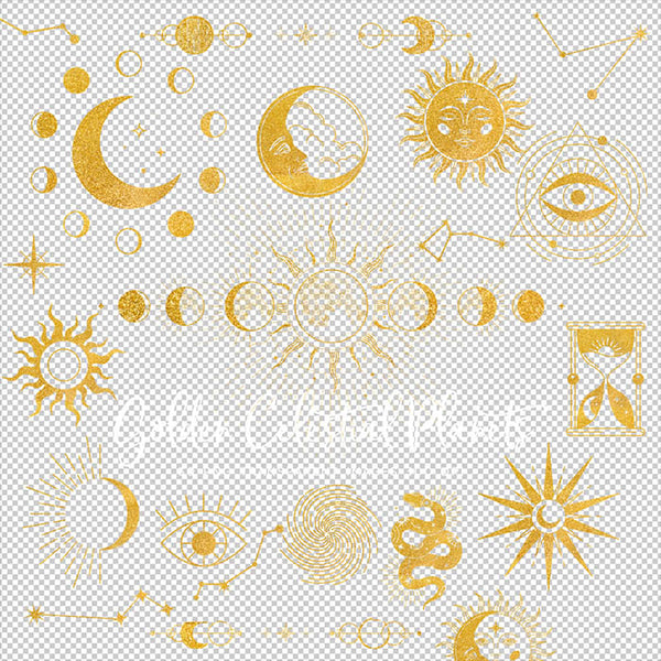 Golden Celestial Planets - 30 Transparent Objects PNG Overlays - Instant Download Digital Clip art