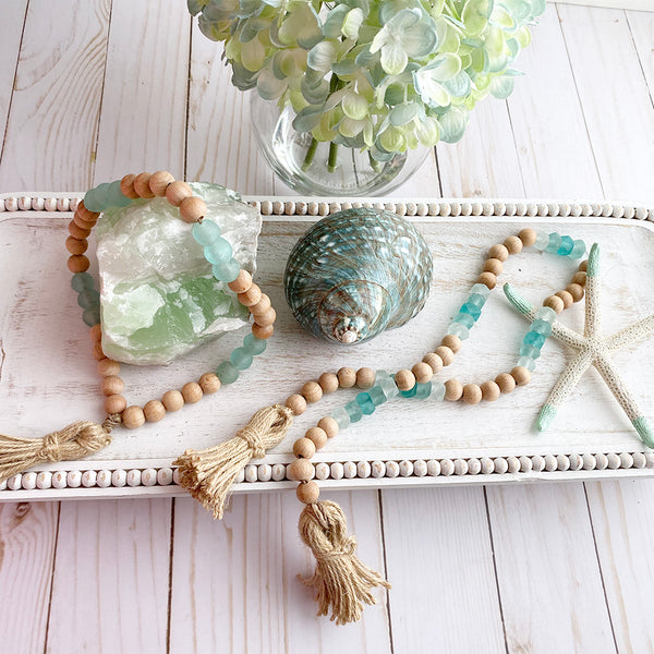 Coastal Home Decor with Wood & Glass Beads design 01 - Boho Bohemian Decor, Sea Glass Garland, Beaded Rope with wood glass Marine water ocean colors