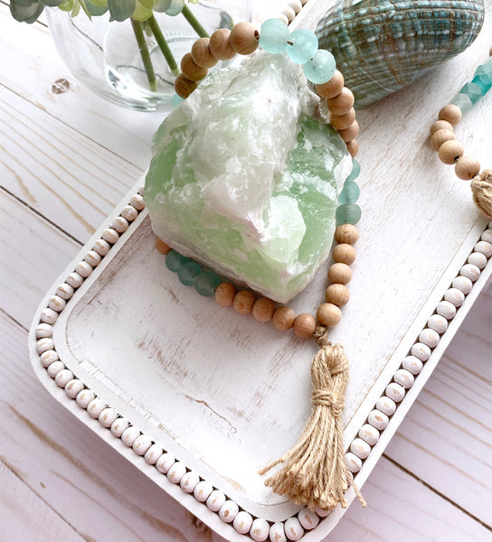 Coastal Home Decor with Wood & Glass Beads design 01 - Boho Bohemian Decor, Sea Glass Garland, Beaded Rope with wood glass Marine water ocean colors
