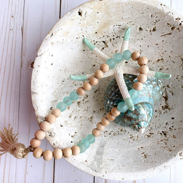 Coastal Home Decor with Wood & Glass Beads design 01 - Boho Bohemian Decor, Sea Glass Garland, Beaded Rope with wood glass Marine water ocean colors