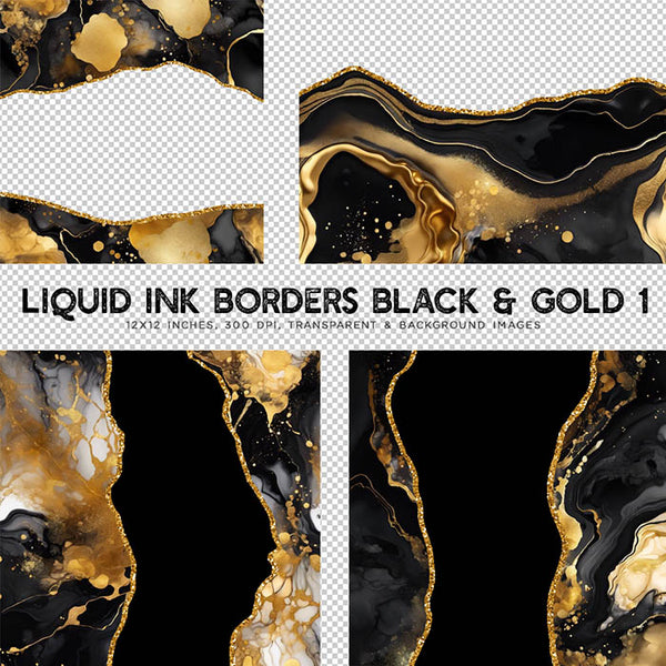 Liquid Ink Borders Black & Gold 1 Glitters - 8 High Resolution Images - Instant Download Digital Clip art