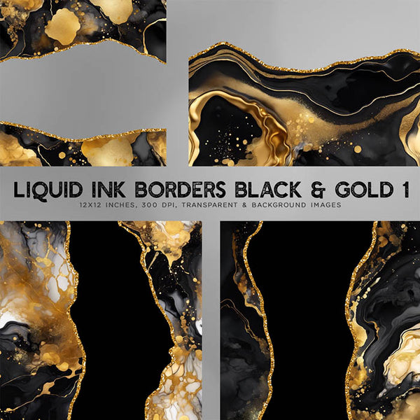 Liquid Ink Borders Black & Gold 1 Glitters - 8 High Resolution Images - Instant Download Digital Clip art