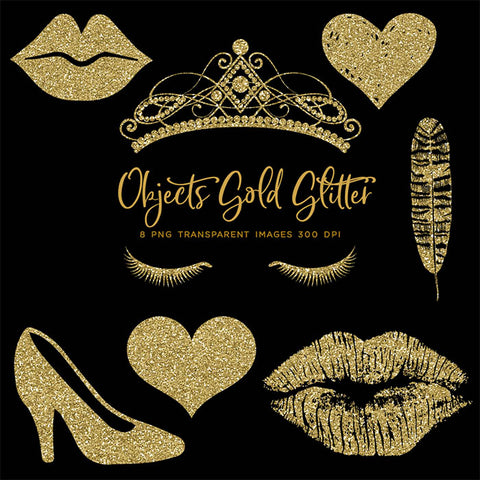 Objects Gold Glitter - 8 Transparent Objects - Crown Lips Heart Transparent PNG Overlays - Instant Download Digital Clipart