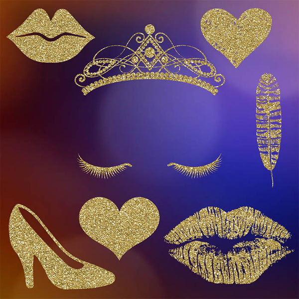 Objects Gold Glitter - 8 Transparent Objects - Crown Lips Heart Transparent PNG Overlays - Instant Download Digital Clipart
