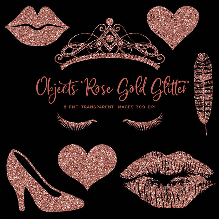Objects Rose Gold Glitter - 8 Transparent Objects - Crown Lips Heart Transparent PNG Overlays - Instant Download Digital Clipart