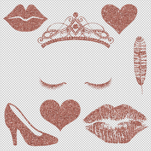 Objects Rose Gold Glitter - 8 Transparent Objects - Crown Lips Heart Transparent PNG Overlays - Instant Download Digital Clipart