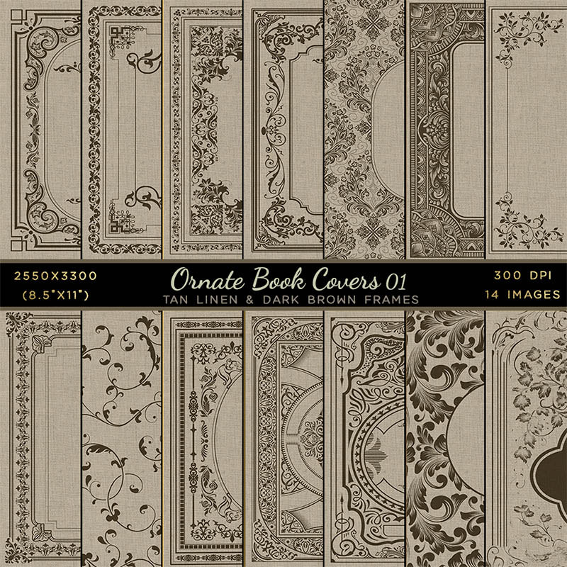 Ornate Book Covers with Spine Vol 1 Tan Linen & Dark Brown Frames - 28 High Resolution Images - Instant Download Digital Clip art