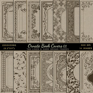 Ornate Book Covers with Spine Vol 1 Tan Linen & Dark Brown Frames - 28 High Resolution Images - Instant Download Digital Clip art